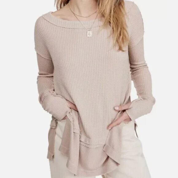 Free People North Shore Thermal Tunic Shirt Sand Beige Tan Large - Picture 1 of 8
